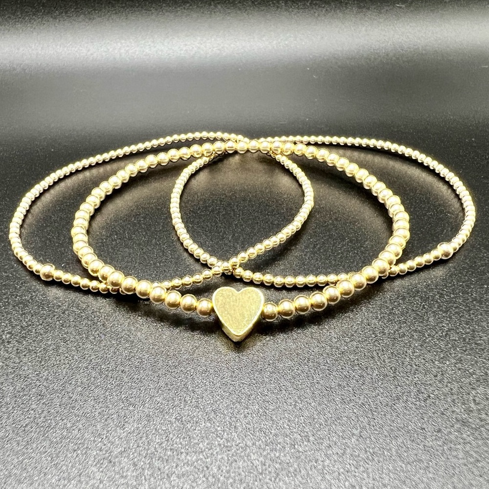 Set of 3 14k Gold Filled Bead Bracelets: Two 2mm & One 3mm w/Heart Charm